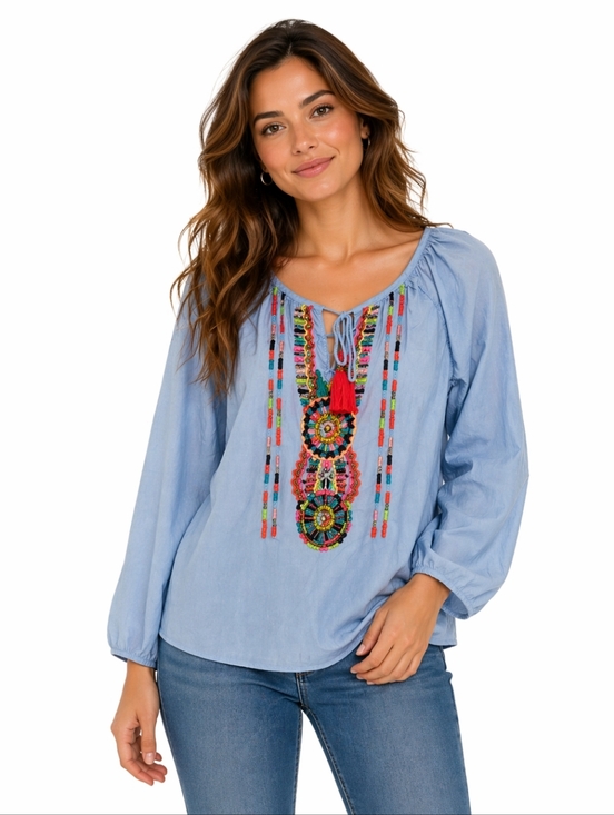 Soft Surroundings Tops - Soft Surroundings Light Blue Embroidered Top